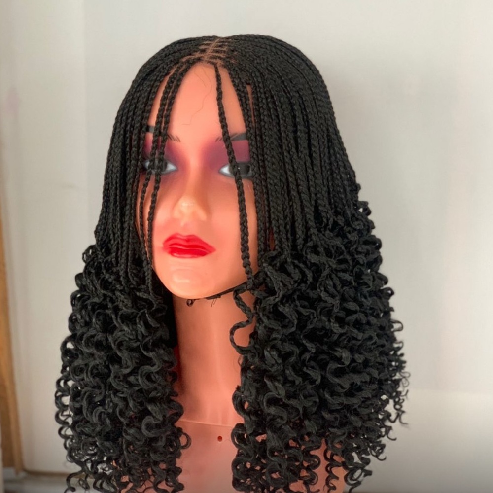 Black Braided Wig with Curly Ends